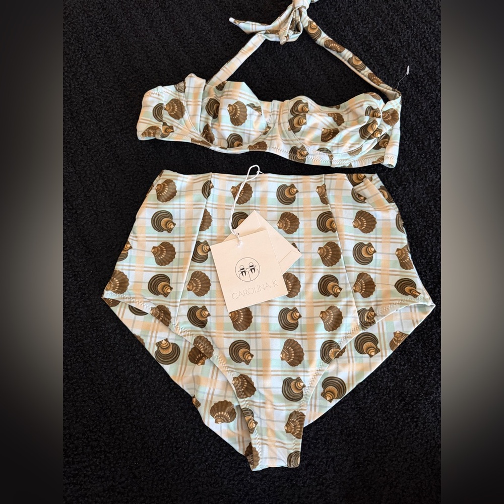 New/Unworn Carolina K Carmel Bikini in plaid seashell print xs/m